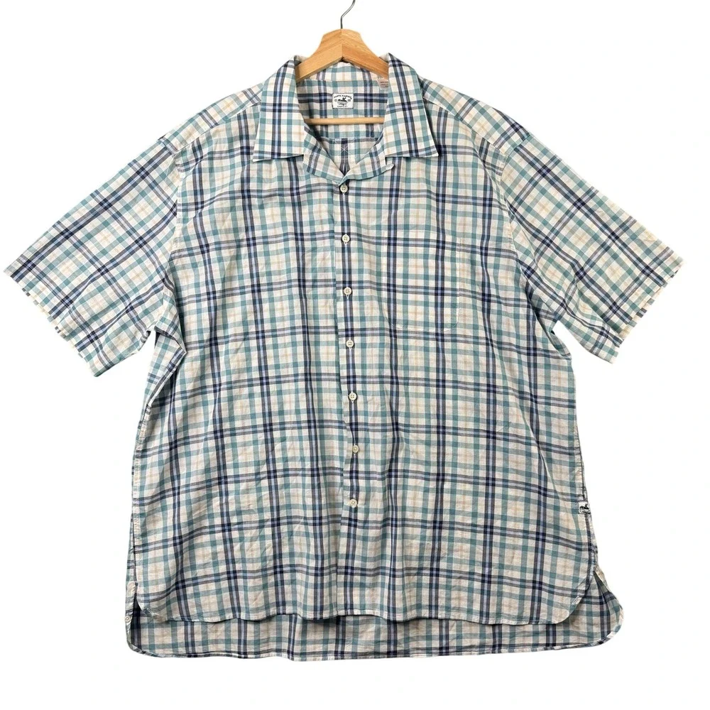 Atlantic Rancher Co Mens XXXL Plaid‎ Short Sleeve Camp Collar Cotton Shirt Blue